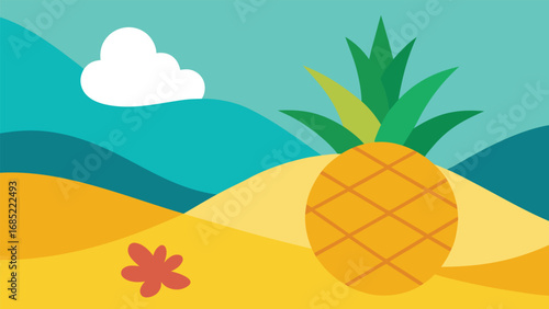 Flat Design Tropical Beach Landscape With Pineapple And Cloud summer ocean
