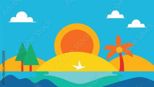 Flat design tropical beach landscape with sun ocean and palm tree vector illustration