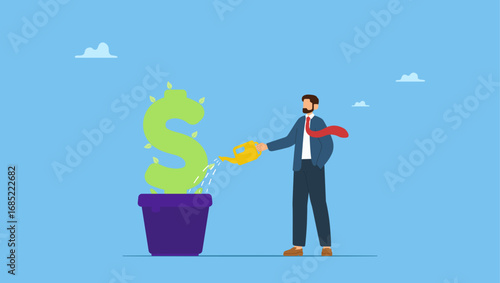 Businessman investor watering growth dollar money plant. Dividends yield investment, growing profit or stock market earning return, increase money or wealth, success investing, income growth.