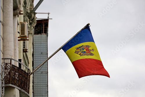 Flag of the Republic of Moldova on embassy facade in Moscow