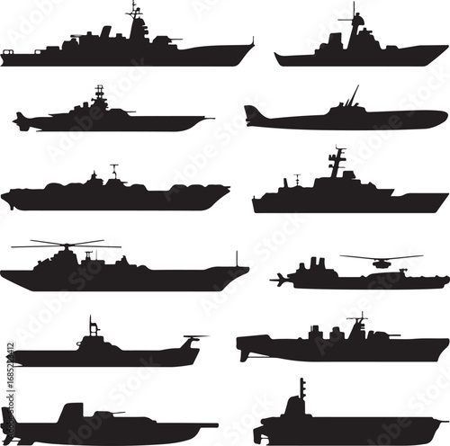 Collection of Black Silhouettes of Various Naval Warships and Vessels navy military
