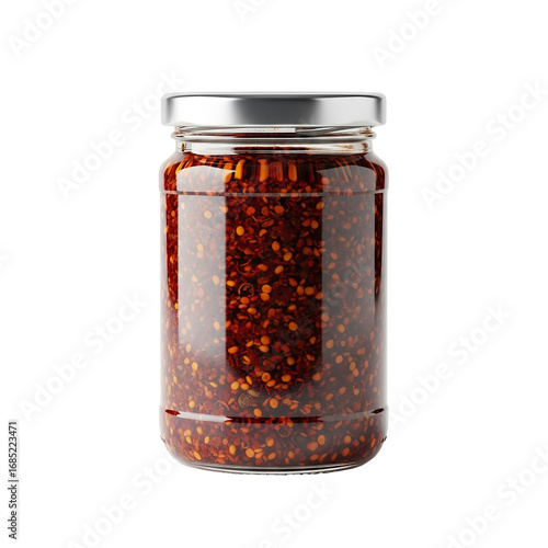 Photo of glass jar filled with chili oil and sesame seeds, isolated on transparent background