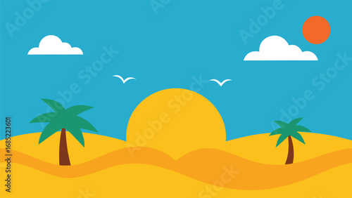 Flat design tropical beach with two palm trees and setting sun landscape ocean