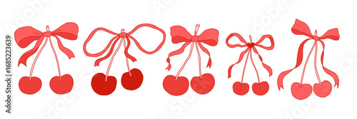 Set of hand drawn ribbon bows with cherries in coquette style. Cute feminine decorative elements for digital design, scrapbooking, planners, invitations, packaging, social media. Vector illustration
