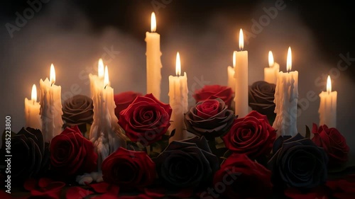 Gothic candle still life: dark red and black roses arranged with lit candles against a moody, dark background in a close-up, cinematic style.
