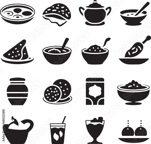 Assortment of Black Icons Depicting Indian Food Items and Beverages naan samosa