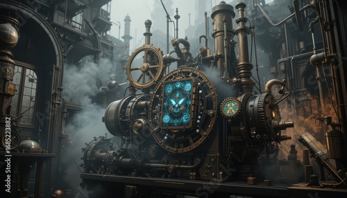 Steampunk Engine with Intricate Brass Gears and Glowing Blue Core