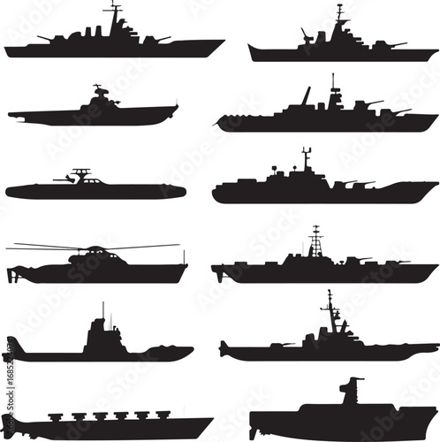 Group of Black Silhouettes Illustrating Different Types of Naval Ships warship navy