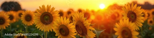 Close-up of a sunflower field at sunset, each bloom shimmering with dew, creating a sparkling effect Golden petals catch the light, a breathtaking natural spectacle , blossoms, dazzling, rays
