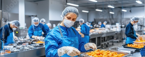 A clean kitchen environment with workers in blue attire and masks preparing food, emphasizing hygiene and teamwork in a professional setting.