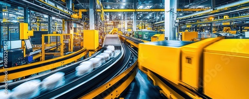 A vibrant industrial scene showcasing automated conveyor systems with yellow accents, transporting goods efficiently within a modern manufacturing facility.