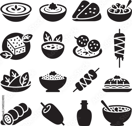 Assorted black and white icons of Mediterranean dishes and ingredients Mediterranean food