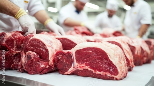 A meat processing facility where workers prepare large cuts of beef for packaging and distribution.