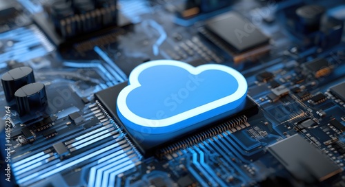 High detail 3D render of a bright blue cloud icon on a microchip circuit board, representing cloud computing, data storage, AI processing, and next generation digital infrastructure