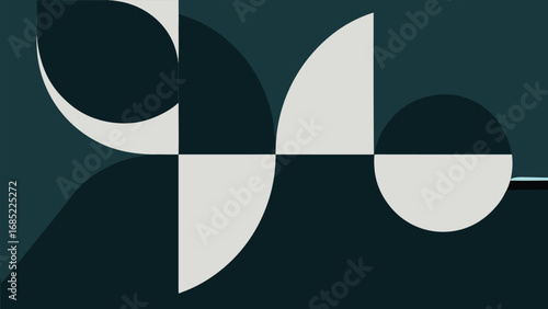 Geometric abstract composition with circles and arcs in dark teal and light gray background pattern
