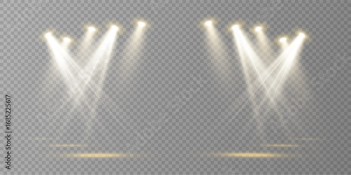 Realistic Vector Light Source Collection Stage Spotlights, Projector Beams, Concert Illumination, Transparent Background for Posters, Web Design, Shows, and Night Club Decor