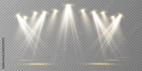 Realistic Vector Light Source Collection Stage Spotlights, Projector Beams, Concert Illumination, Transparent Background for Posters, Web Design, Shows, and Night Club Decor