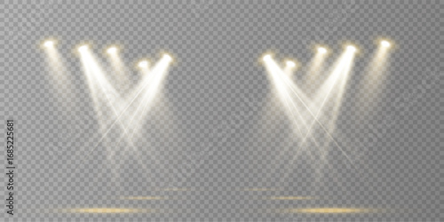 Realistic Vector Light Source Collection  Stage Spotlights, Projector Beams, Concert Illumination, Transparent Background for Posters, Web Design, Shows, and Night Club Decor
