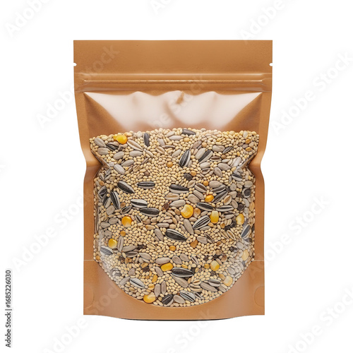 Photo of bag of bird seed mix, containing various grains and seeds like millet, sunflower, and corn, in a resealable brown paper pouch, isolated on transparent background