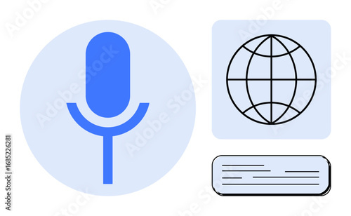 Microphone within a circle, globe grid, and text bar evoke themes of podcasting, networking, translation, online education, news broadcasting, global collaboration and voice interaction. Simple flat