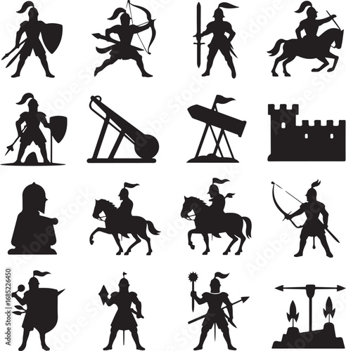 Medieval Knights Archers Siege Weapons Castle and Banner Silhouettes soldier warrior