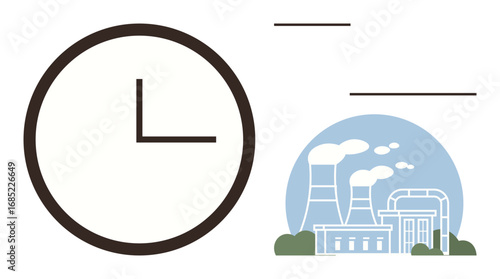 Large clock beside factory with chimneys emitting smoke, symbolizing work, efficiency, and energy. Ideal for time management, productivity, industry, energy production, deadlines schedules simple