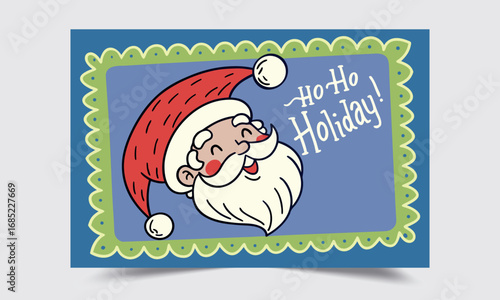 Cheerful Santa Claus Christmas Card Illustration with Jolly Holiday Greeting, Festive Cartoon Design, Colorful Winter Artwork Perfect for Merry Celebration and Seasonal Decoration