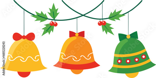 Christmas hanging bells vector design on transparent background. Christmas decoration elements
