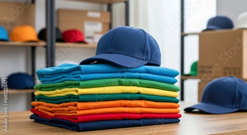 boy in a clothes shop, Colorful apparel, caps stacked neatly. Branded merchandise ready for promotional event. Swag kit preparation. Variety of colors for logo imprint. Promotional items for marketing