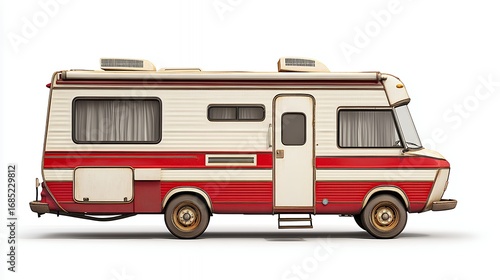 Vintage Red and White Camper Van on White Background