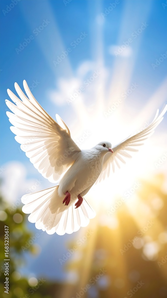 Obraz premium White dove soaring in vibrant sunlight