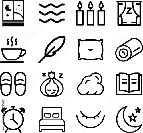 Sleep and relaxation icons set 2 for wellbeing and restful activities