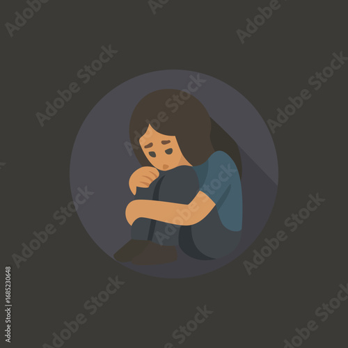 Lonely Sad Woman Hugging Knees – Flat Vector Illustration of Depression, Anxiety, Isolation, and Mental Health Struggle in Minimalist Design