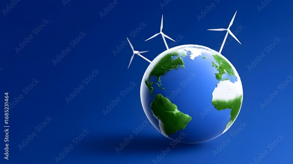Naklejka premium Renewable energy powering the world:Wind turbines surrounding the Earth globe, representing sustainable solutions for a greener future.