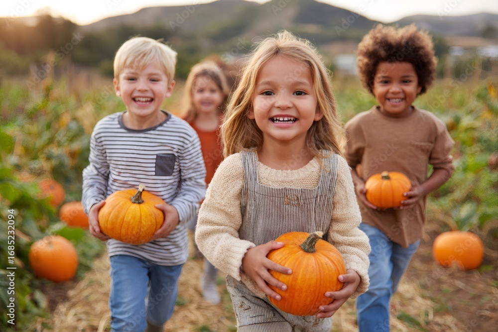 Fototapeta premium Happy children running and holding pumpkins in a pumpkin patch