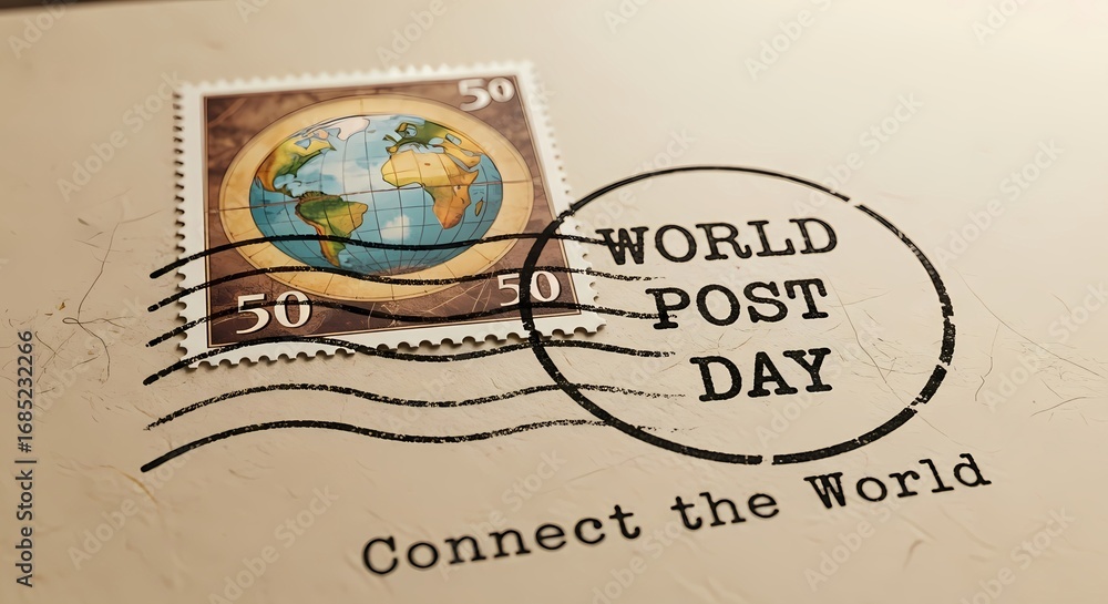 Fototapeta premium World post day celebration with vintage globe stamp and inspiring connect the world message