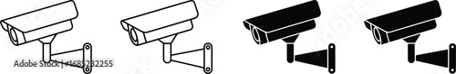 CCTV surveillance camera icon set, vector security camera design, black and outline style, monitoring device clipart, digital safety illustration
