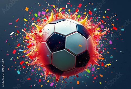 A soccer ball bursts into a vibrant cloud of colorful fragments, flying, debris