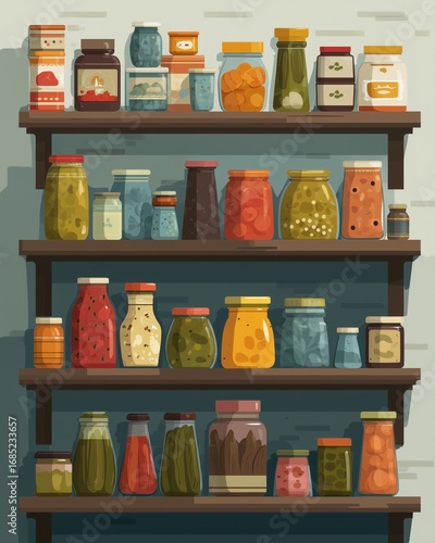 Wallpaper Mural Colorful Food Pantry Shelves - Colorful Illustration of Pantry Shelves with Diverse Jars of Preserves Torontodigital.ca