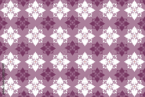 Pink fabric pattern with alternating white and maroon floral star motifs, forming a symmetrical and elegant geometric design.