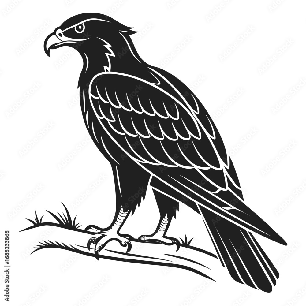 Obraz premium Illustration of a detailed black and white eagle perched on a branch with grass in a vector format art created with generated ai