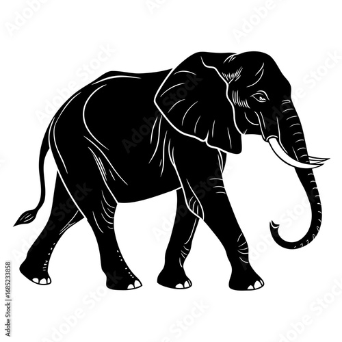 An illustration of a black and white elephant walking with its trunk curved and tusks showing clearly drawn created with generated ai
