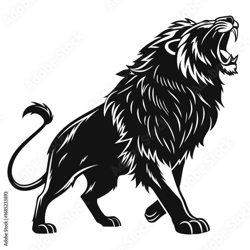 Illustration of a roaring lion in black silhouette with detailed mane and curled tail on white background created with generated ai