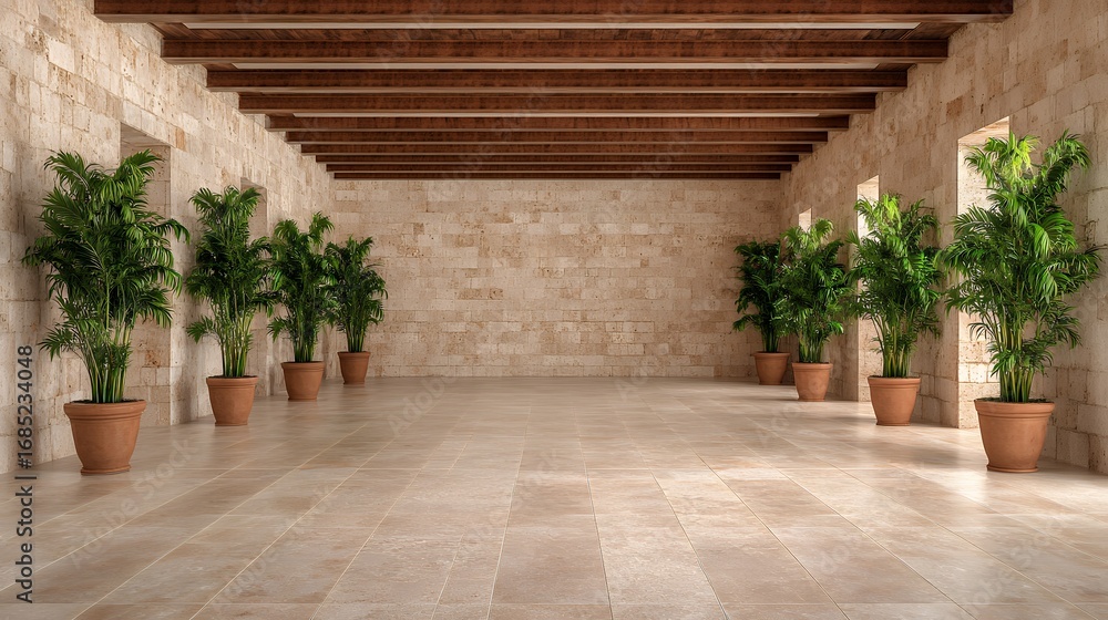 Fototapeta premium Bright and Airy Interior with Beige Stone Walls and Lush Greenery