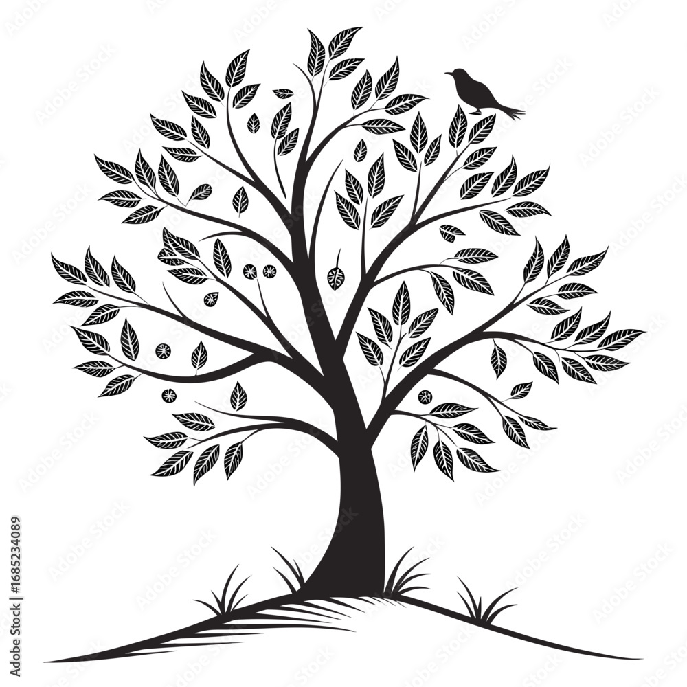 Naklejka premium Silhouette of a stylized tree with leaves and fruit and a bird perched on a branch at the top right created with generated ai