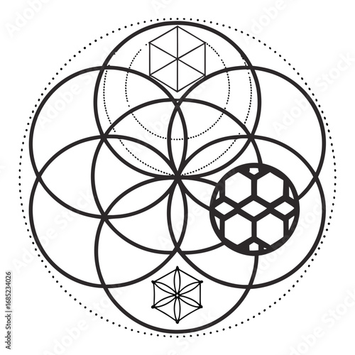 Geometric flower of life design with circles, hexagon, and dotted outline in black and white style art created with generated ai