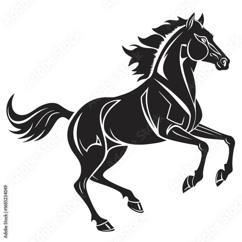 Illustration of a black horse rearing up with a flowing mane and tail on a white background design art 100 created with generated ai