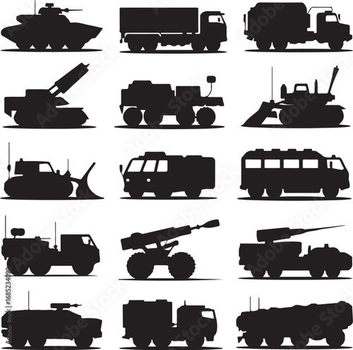 Silhouette collection of various military and civilian trucks and vehicles military truck