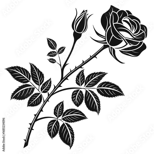A black and white vector illustration of a rose with a bud and thorny stem with leaves design element created with generated ai