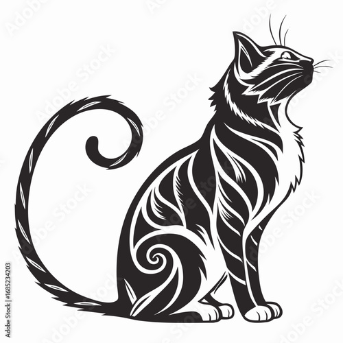 Elegant black and white cat with decorative patterns sitting and looking upwards with a curled tail design created with generated ai